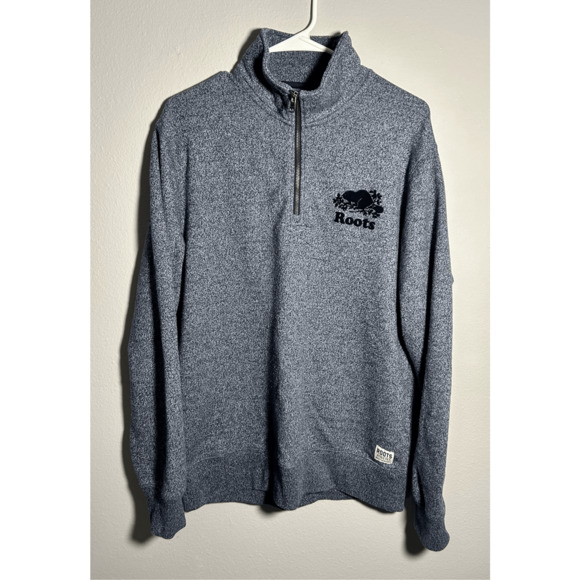 Roots Canada Men’s Gray 1/4 Zip Fuzzy Beaver Logo Sweater Jacket Sz Lg - Picture 1 of 9